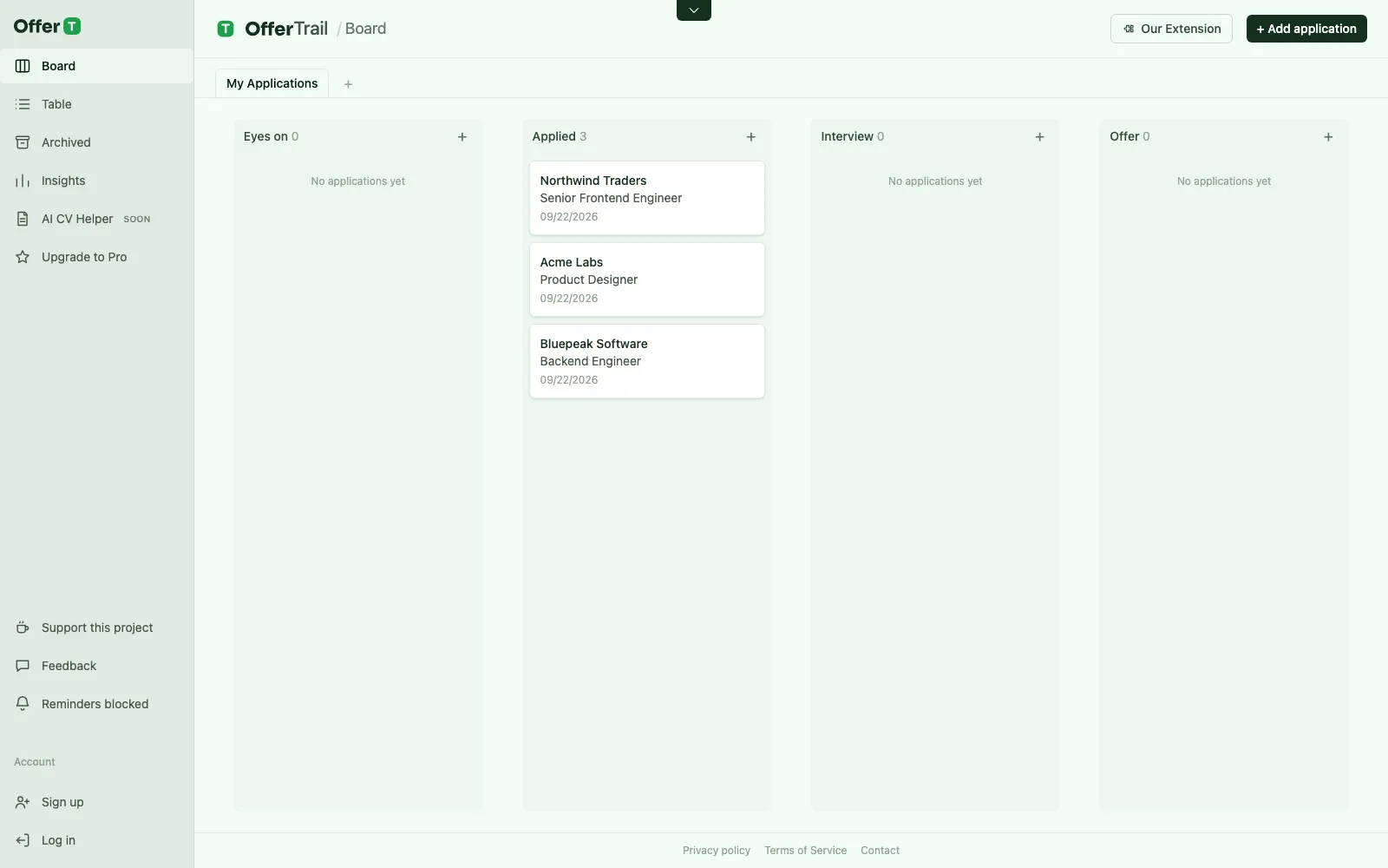 OfferTrail Kanban board with application columns